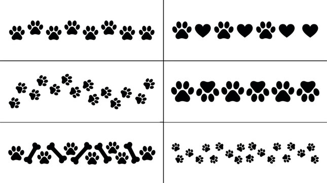 Black paw prints hearts and bones borders set with patterns