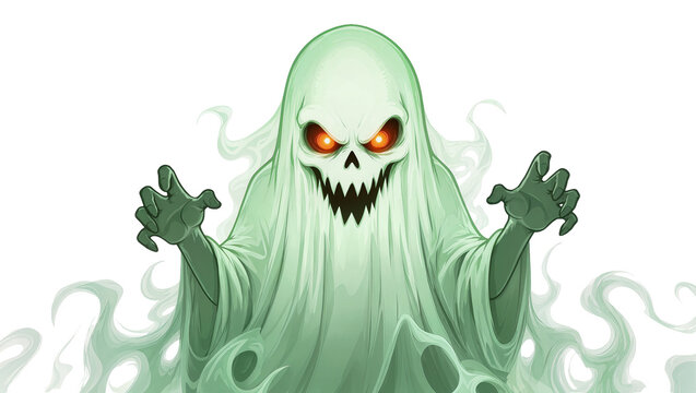 Scary green ghost with glowing red eyes and sharp teeth