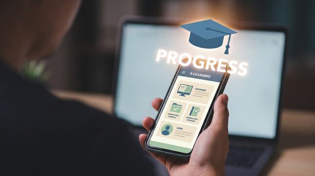 Digital E-Learning Education Progress: Online Academic Course Certification Management, Professional Skill Development Training, and Virtual Student Graduation Analytics using Mobile Smartphone Screen