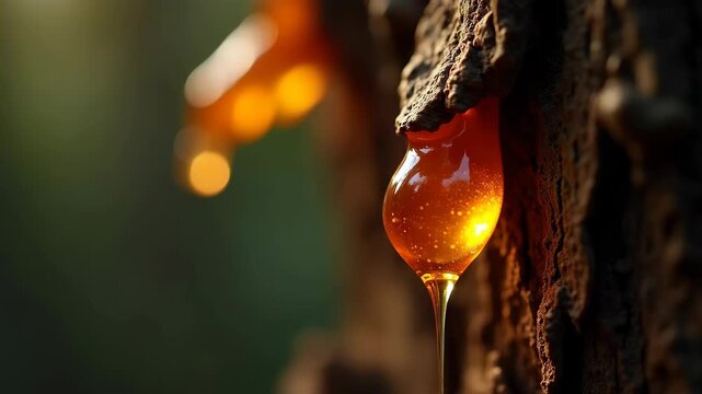 Tree resin dripping into bark hollow, amber sap pooling on dark rough wood, forest background, warm golden sunset light, concept of natural cosmetics, pharmacy, aromatherapy