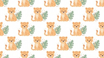 Obraz premium Numerous cute baby cartoon leopards and green tropical leaves repeat across a white background
