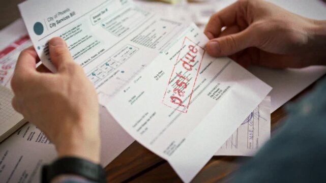 A man sits at his cluttered desk, his hands clutching an overdue receipt extracted from a worn envelope. This symbolizes the financial strain and mounting debt obligations his family faces daily