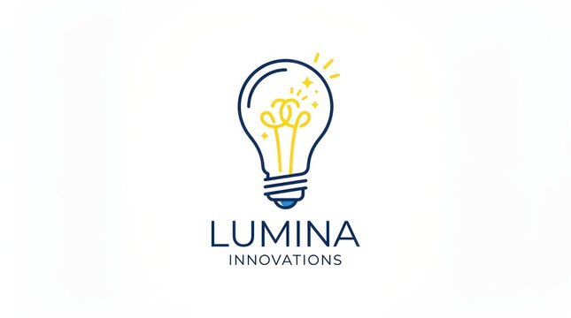 Lumina innovations light bulb logo with golden swirls and stars for creative brand identity.