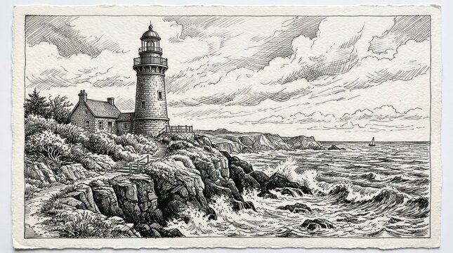 Detailed pen and ink drawing of majestic lighthouse on craggy shoreline overlooking ocean.