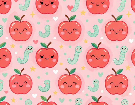 Cute Kawaii Apple Cartoon Character Seamless Pattern for Kids