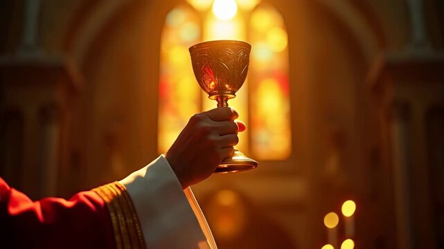 Priest hands elevating golden chalice during holy communion in cathedral, ornate cup and light ray details,  dark stained glass background