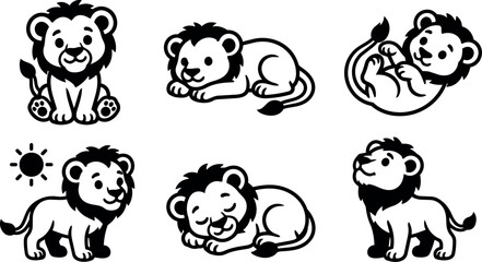 Fototapeta premium Black and white cute cartoon lion cubs in various playful and resting poses
