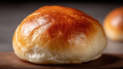 Fototapeta na wymiar Golden Brown Baked Brioche Bun Ready for Delicious Sandwich Creation on Wooden Board