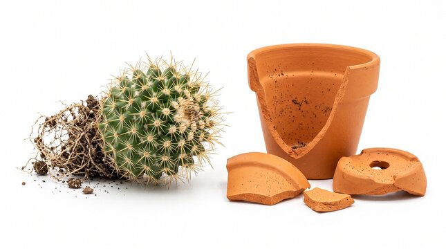 Small green cactus with long spines fallen from broken terracotta pot with soil