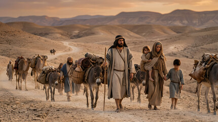 Fototapeta premium Holy family traveling through a desert landscape with a donkey and supplies, biblical scene at sunset