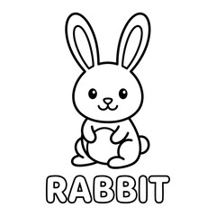 Fototapeta premium Cute cartoon bunny rabbit coloring page for toddlers, simple vector line art illustration with bold text label for kids educational preschool activity books.