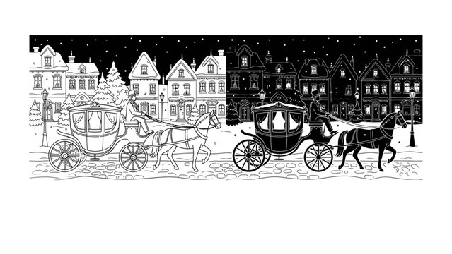Fairytale Carriage Ride: A detailed illustration of a horse-drawn carriage in a charming European-style village, presented in a split black and white design showcasing day and night contrast.