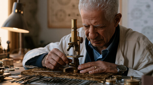 Retired Lebanese clockmaker carefully disassembling a Victorian brass antique microscope on a velvet work mat, his restoration tools laid in a precise row, reference diagrams