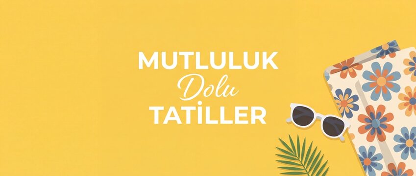 Turkish summer holiday banner background featuring flat lay beach accessories with sunglasses, palm leaf, and floral towel for travel concept. Turkish writing says happiness filled vacation timeframe.