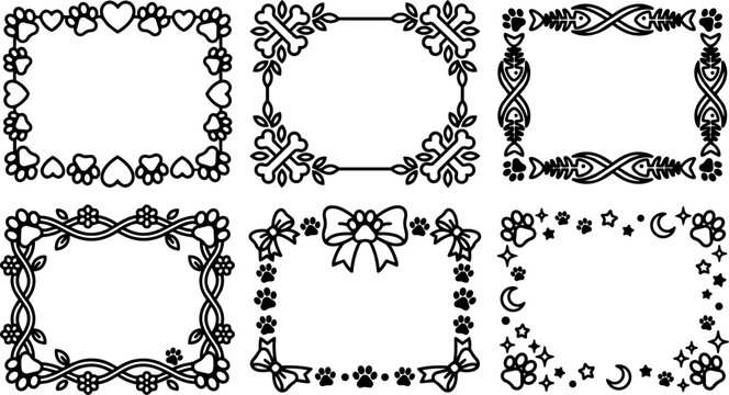 Black and white decorative pet themed frames with paws hearts fishbones and moons