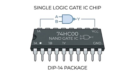Obraz premium NAND logic gate integrated circuit chip schematic and pins electronic component schematic.