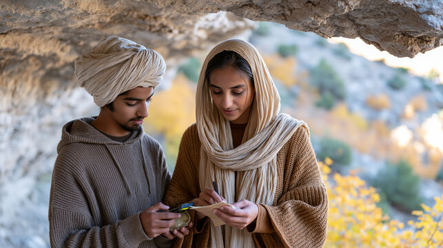 Pakistani geocacher and her teenage son signing paper logbook inside weatherproof cache tube retrieved from under limestone overhang, GPS coordinates still glowing on handheld