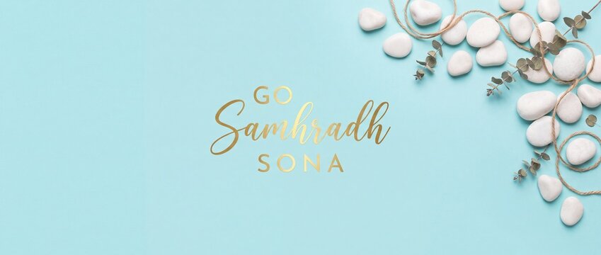 Irish summer gold text background with white stones and eucalyptus leaves on pastel blue flatlay banner for wellness spa aesthetic, seasonal card mockup, luxury minimalist gold foil lettering template