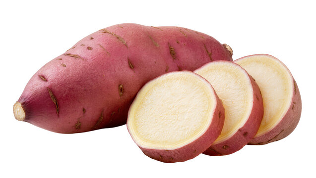 Whole and sliced red sweet potato with creamy yellow flesh