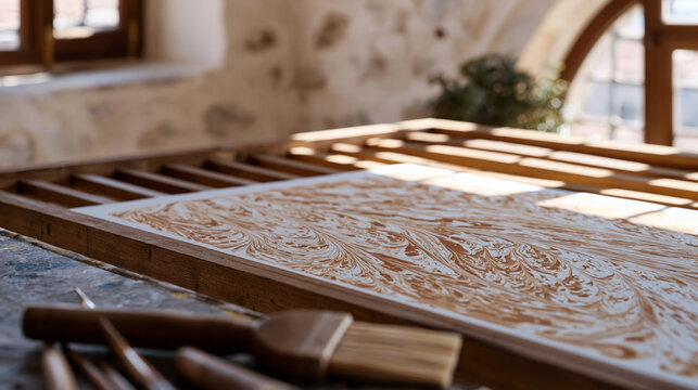 Close up of marbled paper drying flat on wooden rack, rich swirling peacock pattern in terracotta and ivory, ebru artist's tools resting in foreground, Istanbul-style workshop