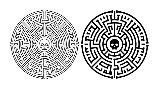 Circular Maze with Skull: A complex circular maze design with a skull at its center, presented in both outline and filled versions, symbolizing challenge and mystery.