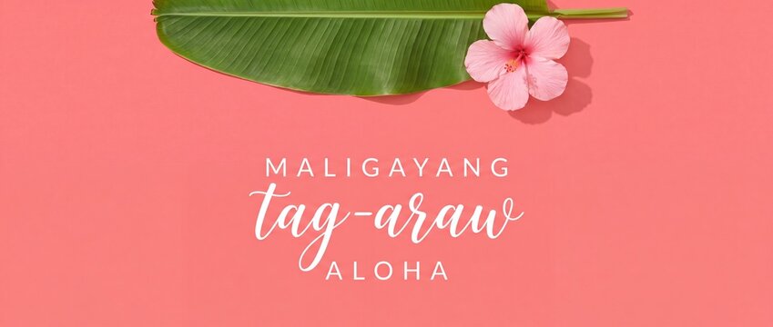 Maligayang Tag Araw Aloha summer background with banana leaf and pink hibiscus flower. Filipino holiday greeting card with copy space for banner. Tropical vacation concept banners for travel agencies.