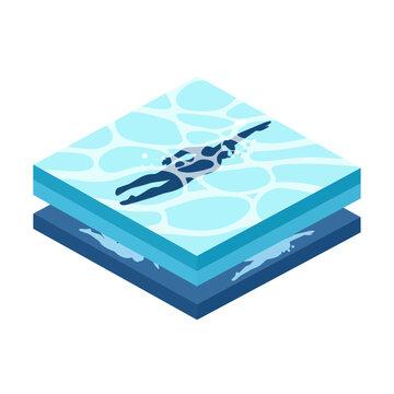 Layered ocean depth illustration with whale silhouette.