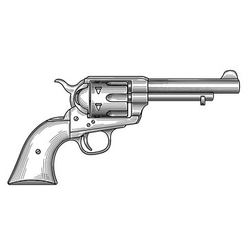 Classic vintage silver revolver handgun in side profile view
