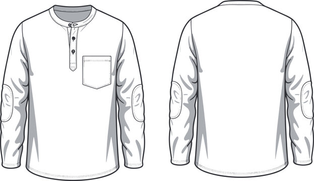 Technical flat sketch of men's long sleeve henley shirt with button placket chest pocket and elbow patches front and back view vector template