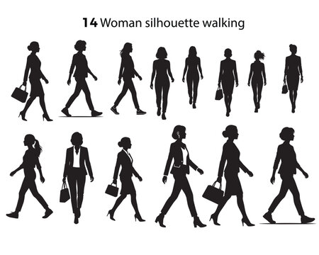 Business people silhouettes walking group vector illustration featuring men women and children team in fashion style black shadow silhouette design concept