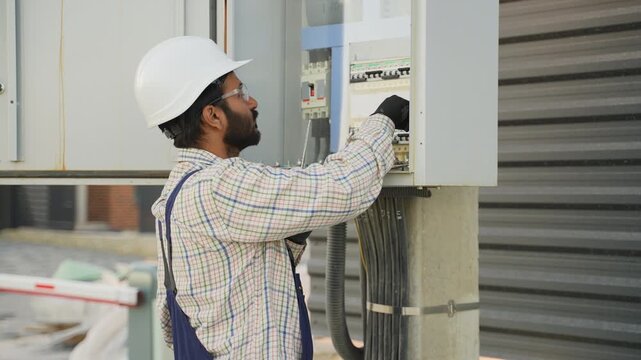 Professional Indian electrician working on electrical fuse box