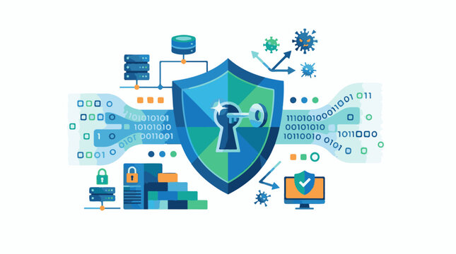 Digital shield with key binary code virus icons and security elements