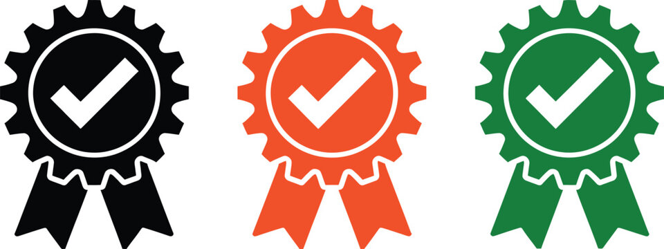 Premium Quality Seal Icon Set, certified award medals, trusted checkmark badges, and verification symbols for product authenticity, brand credibility, customer confidence, marketing material