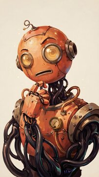 Ilustraci&oacute;n de robot steampunk pensativo con cables mec&aacute;nicos sobre fondo claro