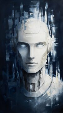 Retrato art&iacute;stico de robot humanoide con fondo abstracto futurista de tecnolog&iacute;a e inteligencia artificial