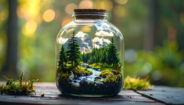 Terrarium worlds placed inside vintage jar