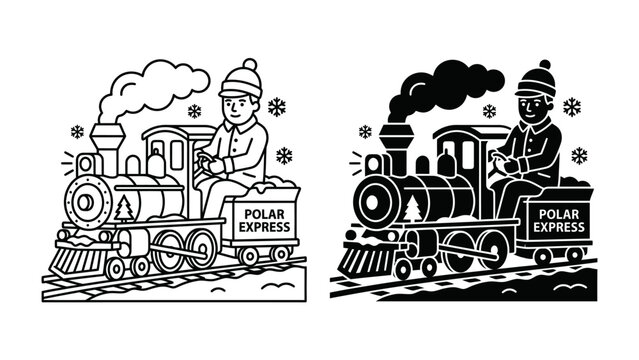 Winter Wonderland Express: A charming illustration depicts a young conductor steering a classic steam train through a snowy landscape.