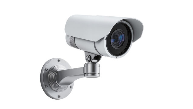 White security camera with metal bracket and lens