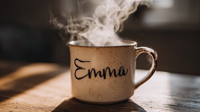 A warm, inviting image showcases a mug of coffee with steam rising from it, prominently displaying the name "Emma" in elegant script.