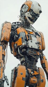 A broken down robot stands alone amidst the ruins of its surroundings.