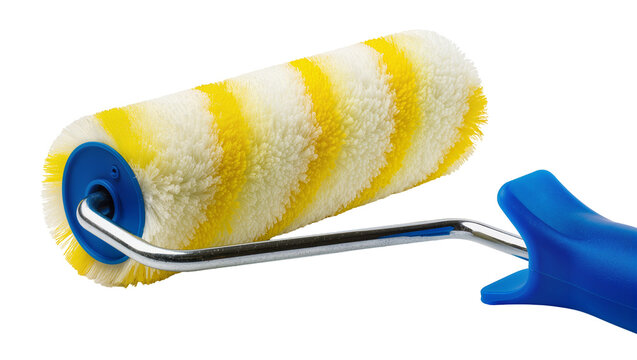 Paint roller with yellow and white striped fluffy roller head and blue handle
