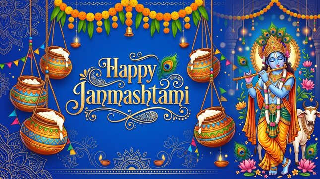 Festive dahi handi decorations with Krishna silhouette for Janmashtami celebration greeting banner