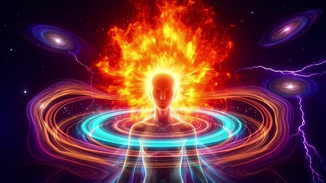 Humanoid figure with flaming head and glowing energy rings