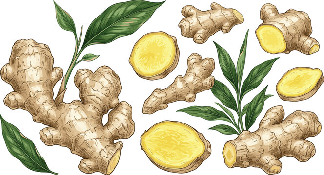Detailed vector illustration of a ginger root collection featuring whole rhizomes, fresh slices, and green leaves, featured in image_fa187e.png, isolated on a white background..eps