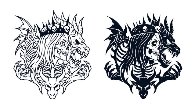 Gothic Crowned Skeleton and Beast Illustration: A striking graphic design features a crowned skeleton with wings and horns, paired with a fierce beast, presented in both outline and silhouette form.