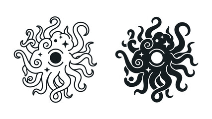 Celestial Octopus Graphic: A stylized graphic featuring a celestial octopus with swirling tentacles, stars, and moon motifs. © Hasib