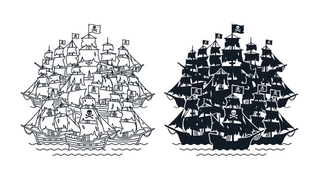Pirate Fleet Armada: A formidable fleet of pirate ships, depicted in both outline and silhouette, sails the open sea under ominous skull and crossbones flags, symbolizing adventure and danger.