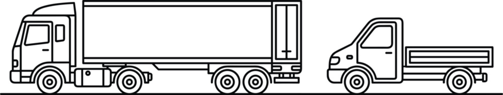 &ldquo;Outline vector illustration of semi‑truck and pickup truck side by side, showcasing transport vehicles in simple black design&rdquo;