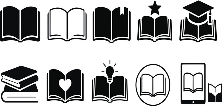 Open Book Icon Set 2. Books in various open and closed positions feature academic symbols and digital tablets in a professional set of black icons.