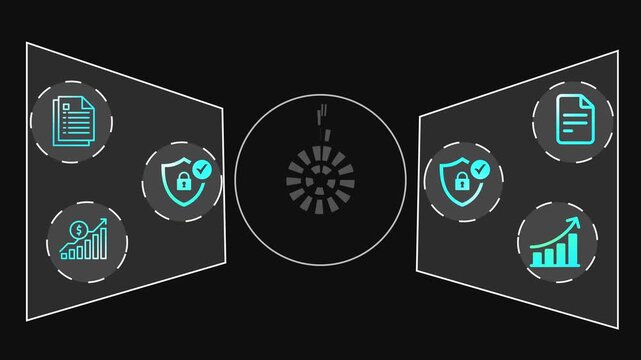 a looping animation of a high-tech digital security system in action. The scene should feature holographic interfaces. digital interface showcasing various security and communication ...